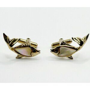 Vintage Gold-tone Fish Cufflinks Mother‎ of Pearl Red Crystal Eyes